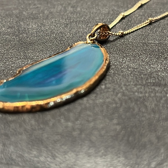 Sliced Blue Agate Natural Stone In Gold-tone With Curb Ball Gold-tone Chain - Picture 14 of 15